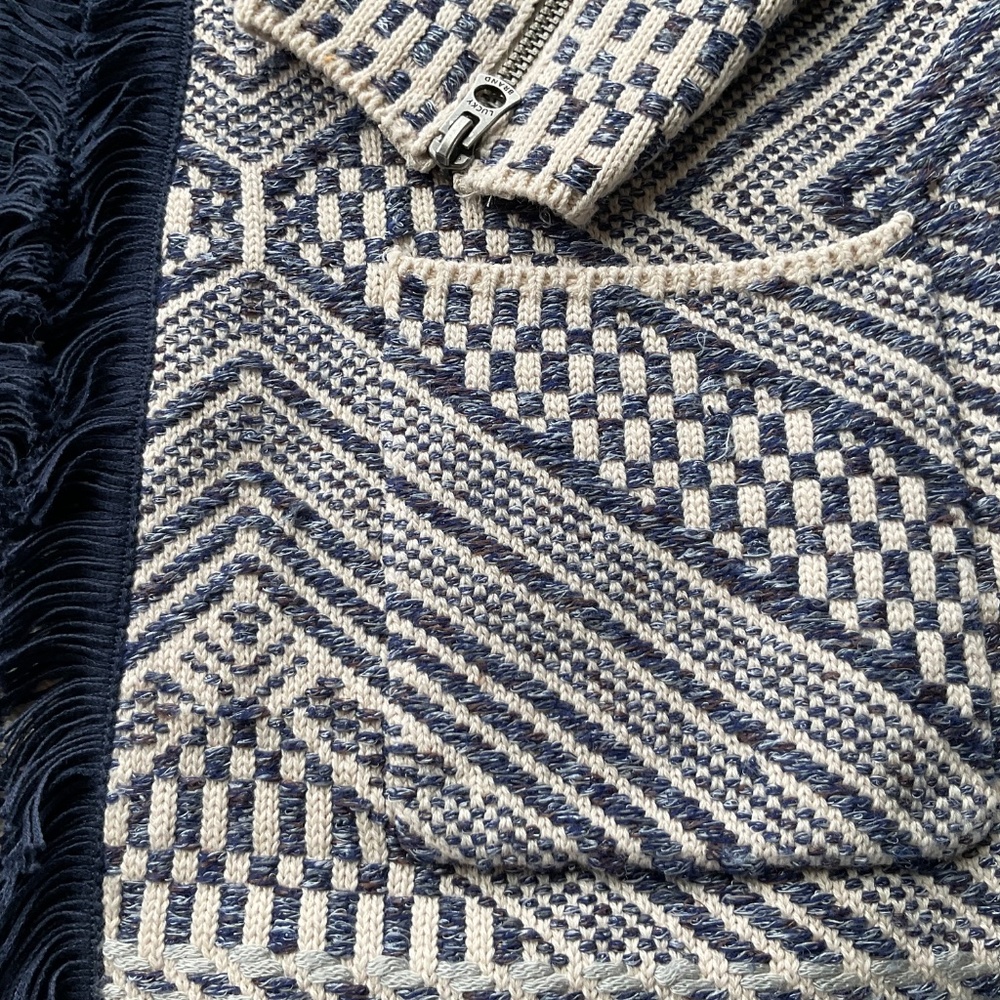 Lucky Brand Open Front Cardigan Women Medium Blue Cream Woven Fringe Aztec - Picture 16 of 16
